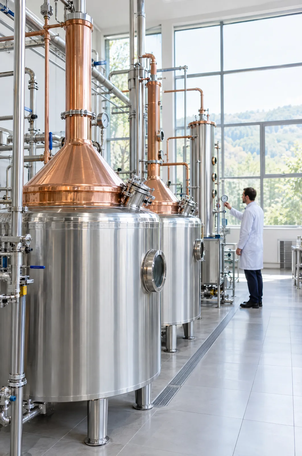 Modern stainless steel and copper steam distillation vessels