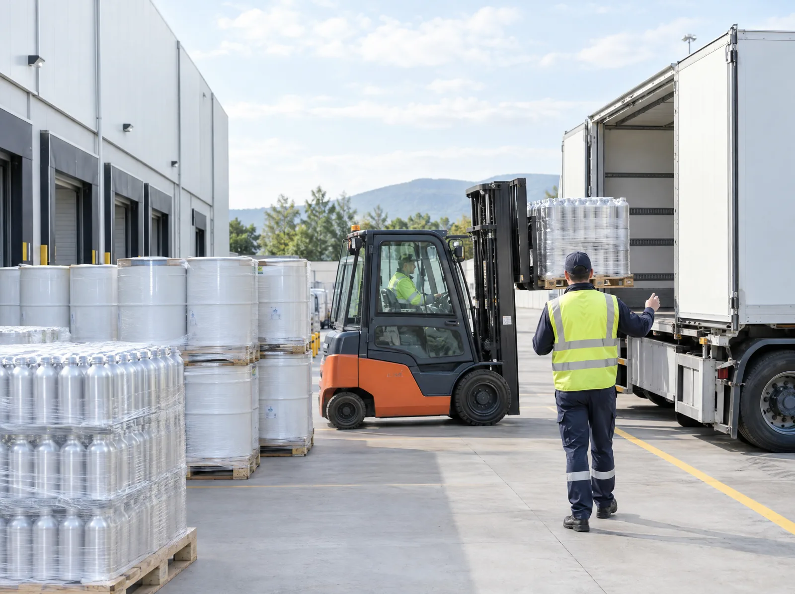 Pallet of aluminium bottles and drums being loaded onto a truck