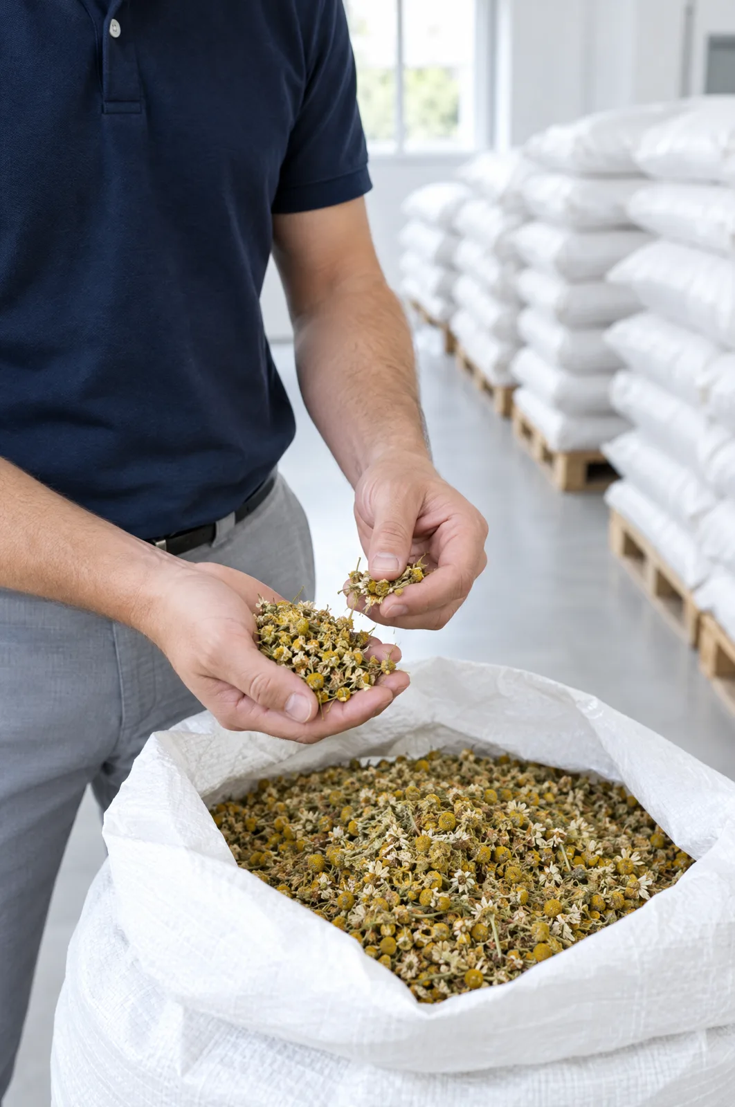 Buyer checking dried chamomile from an open sack in a storage room