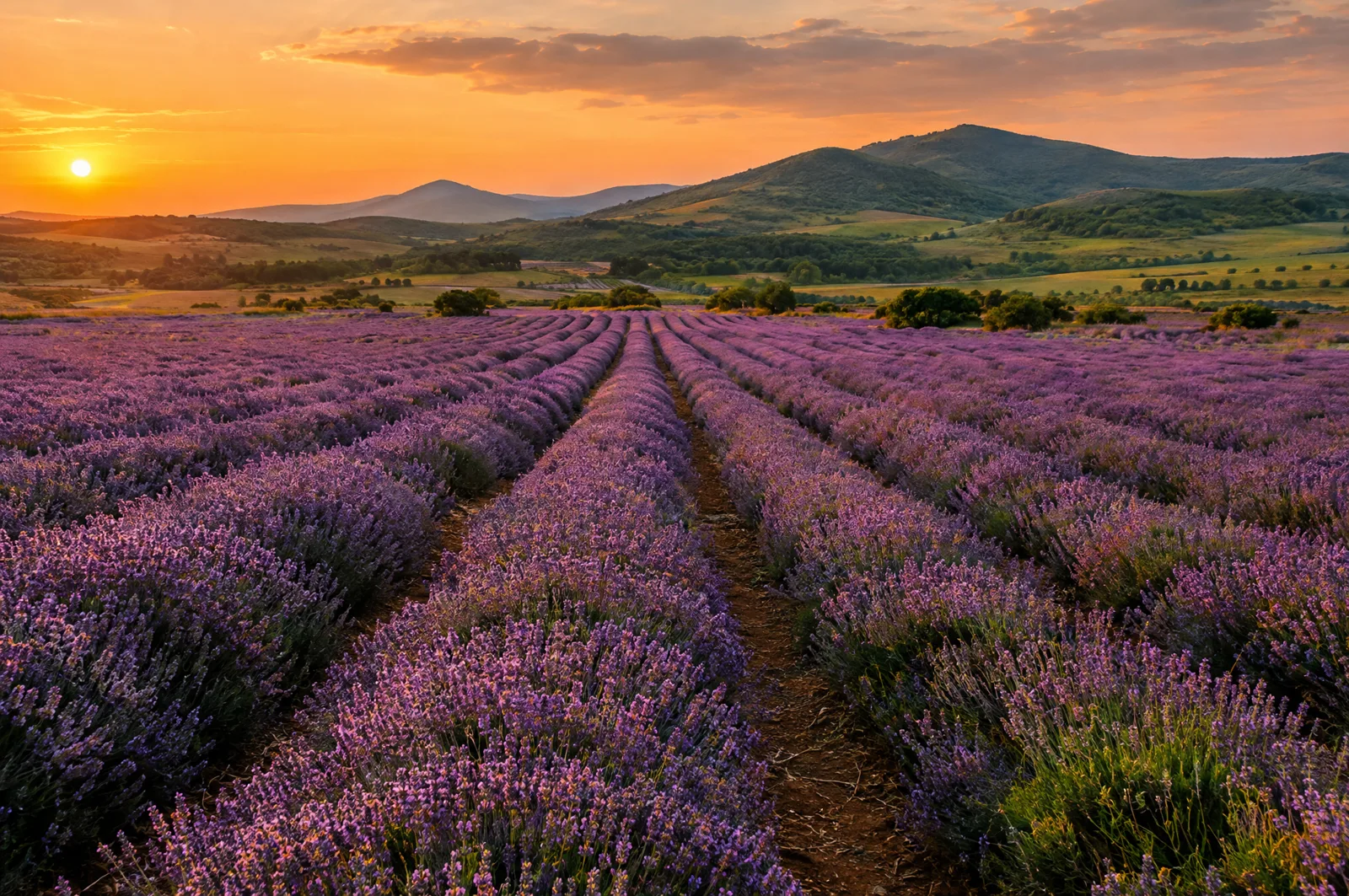 Rows of flowering lavender at sunset
