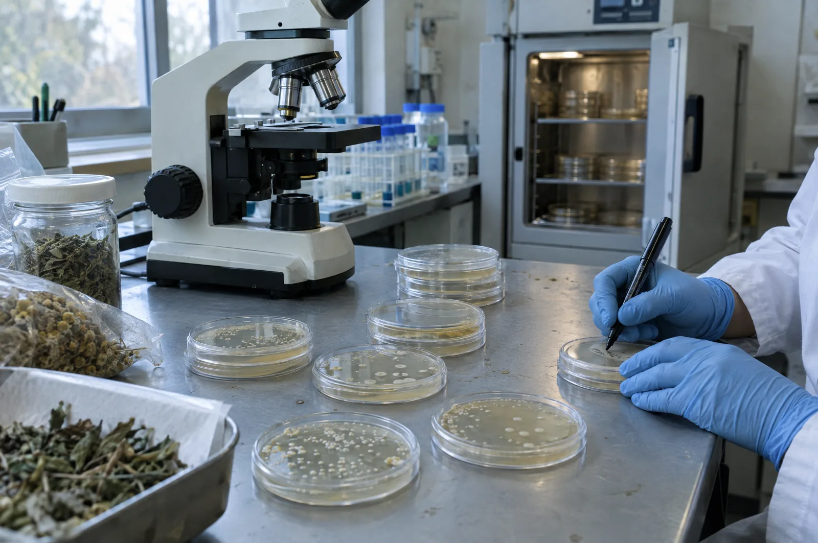 Petri dishes and a microscope for microbiology testing of herbs