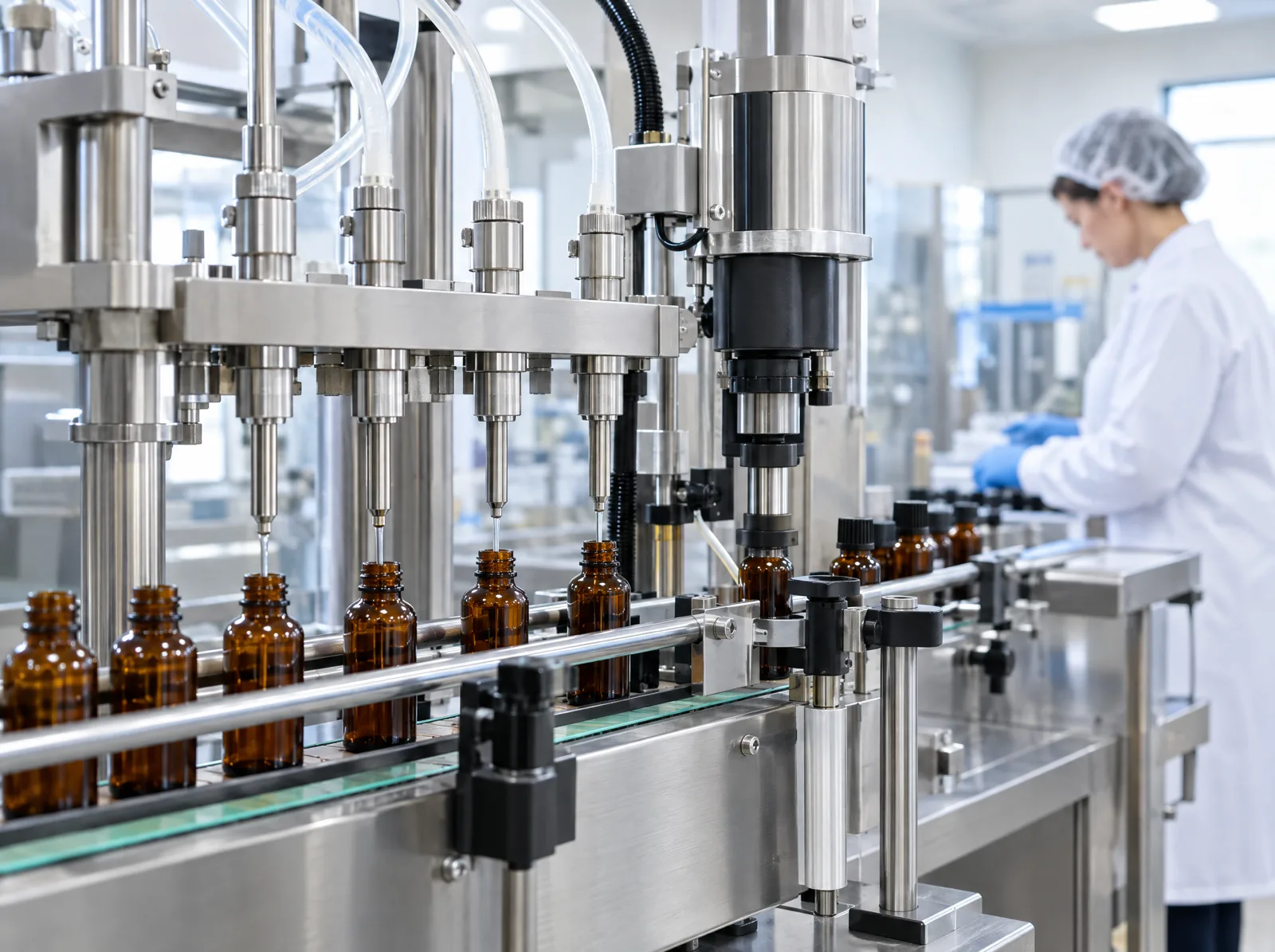 Stainless steel filling line filling amber bottles with oil