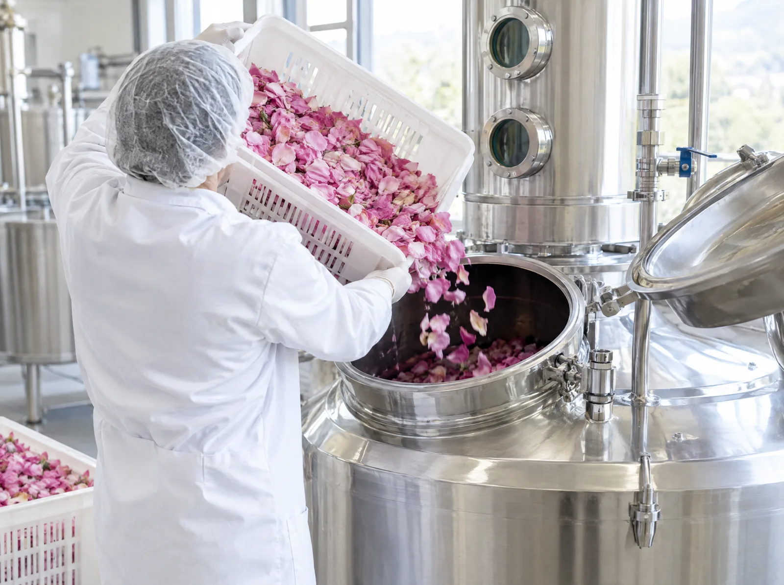 Rose petals loaded from a crate into a stainless steel still