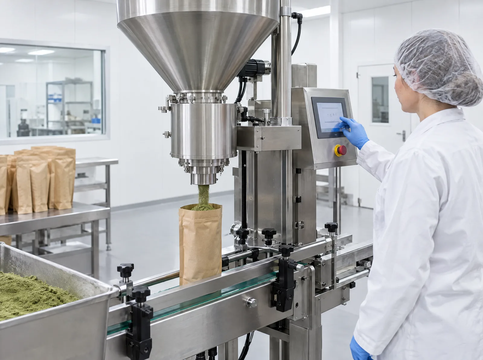 Automatic auger filler dosing green powder into a kraft bag