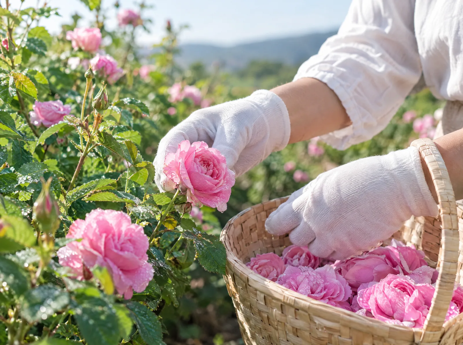 Gloved hands picking damask roses into a woven basket