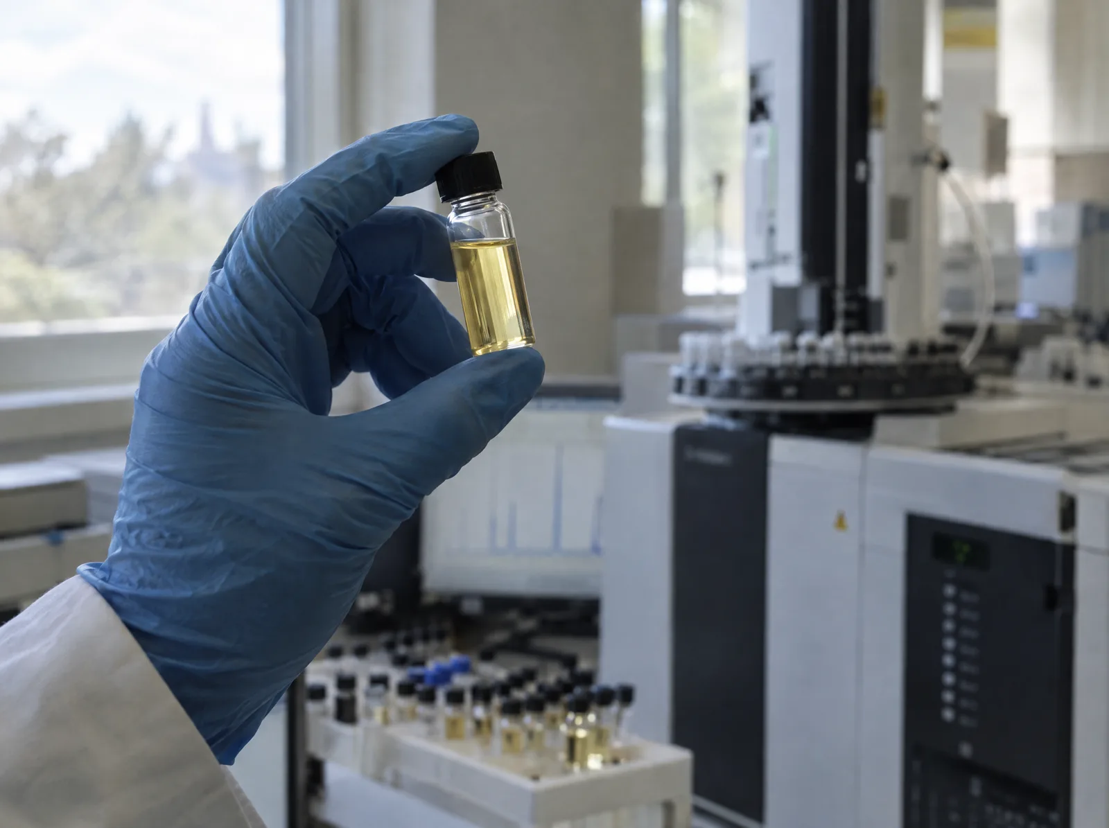 Vial of rose oil held up in a laboratory