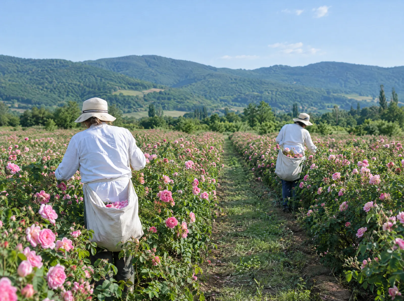 Rose pickers with baskets in a damask rose field at dawn